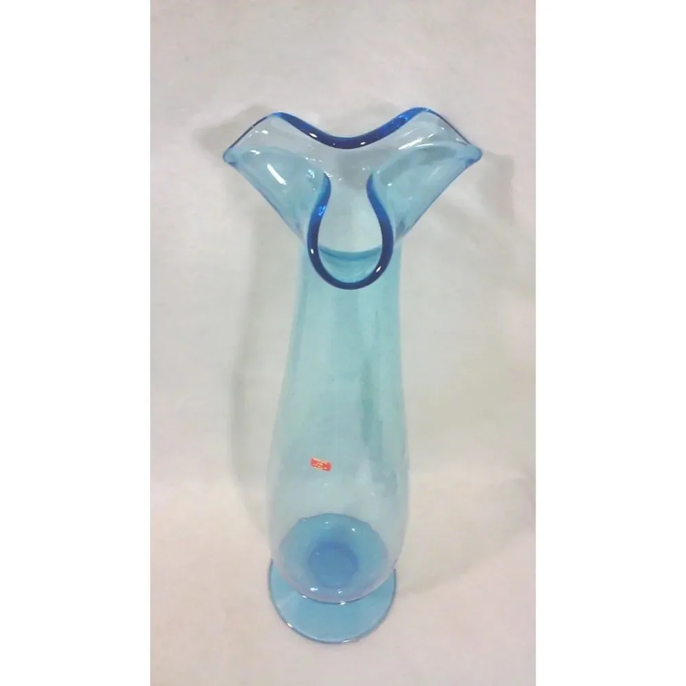 Mid-Century Tall Blue Vase Flared Rim Italian Blown Glass Footed Decorative Vase - Picture 2 of 4